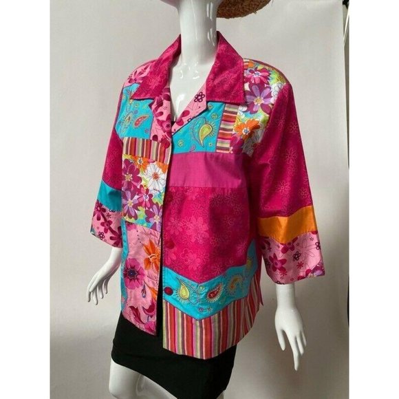 Diane Gilman Womens Silk Blend Jacket Pink Turquoi - Picture 3 of 10